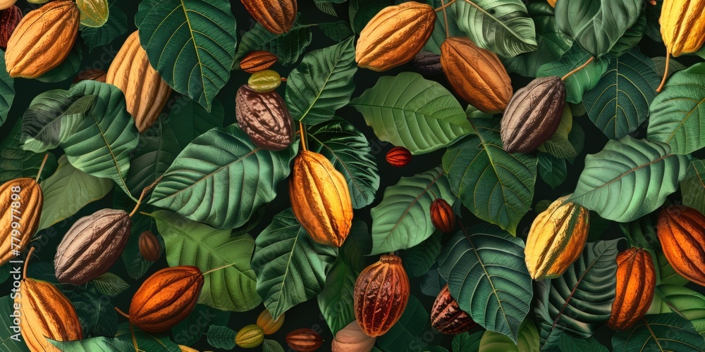 Poster a close up of a bunch of green leaves with brown and yellow fruits on them. the fruits are clustered