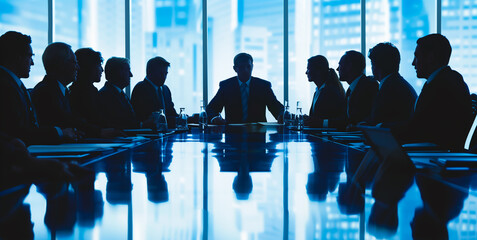 Corporate Executives in Strategy Meeting at Dawn. Silhouettes of corporate executives gathered around a boardroom table, discussing strategy in the early morning light,
