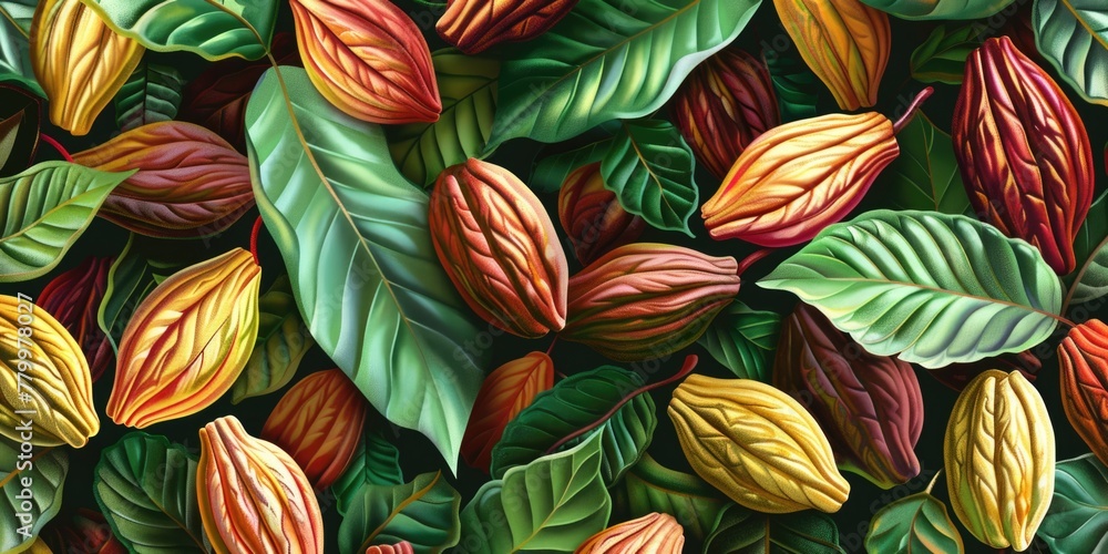 Poster a close up of a bunch of chocolate covered nuts with green leaves. the nuts are of different colors 