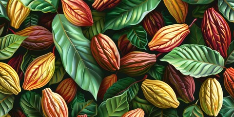 A close up of a bunch of chocolate covered nuts with green leaves. The nuts are of different colors and sizes, and the leaves are also of different sizes and colors. Concept of abundance and variety - obrazy, fototapety, plakaty