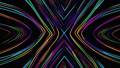 Vibrant neon lines create mesmerizing patterns of symmetry and color, evoking a dynamic sense of movement and energy in a dark space.