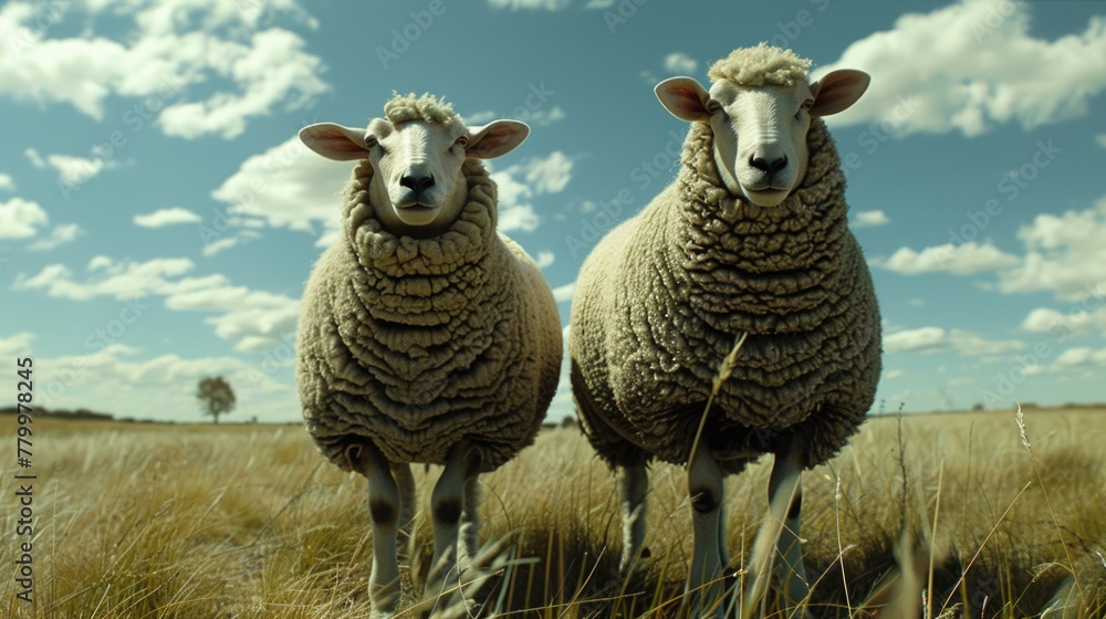 Poster two sheep standing in a field with a tree in the background