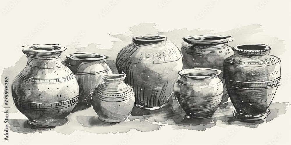 Poster a row of old vases with a black and white drawing of them. the vases are of different sizes and shap
