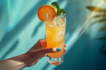 Young Woman Enjoying a Refreshing Orange Cocktail by the Pool at Sunset