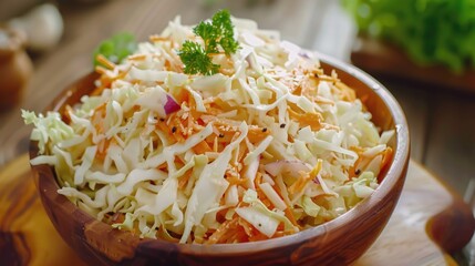 A bowl of coleslaw with parsley on top. The bowl is wooden and filled with shredded cabbage and carrots