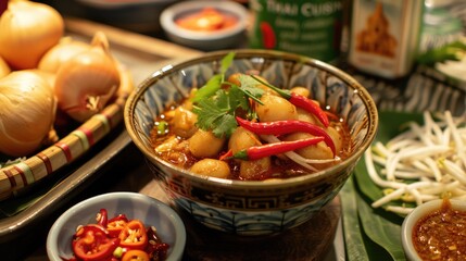 A bowl of Thai curry is on a table with other bowls and condiments. The curry is garnished with green herbs and red peppers