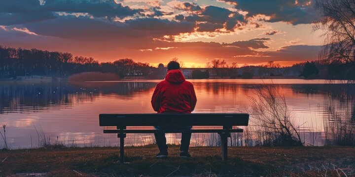 A man sits on a bench by a lake, watching the sunset. The scene is peaceful and serene, with the man's red jacket adding a pop of color to the landscape. The man is lost in thought