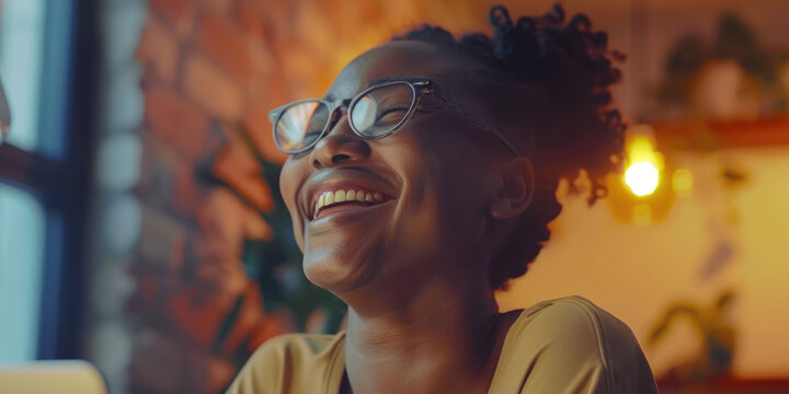 A Woman With Glasses Is Smiling And Laughing. She Is Sitting At A Table With A Laptop In Front Of Her