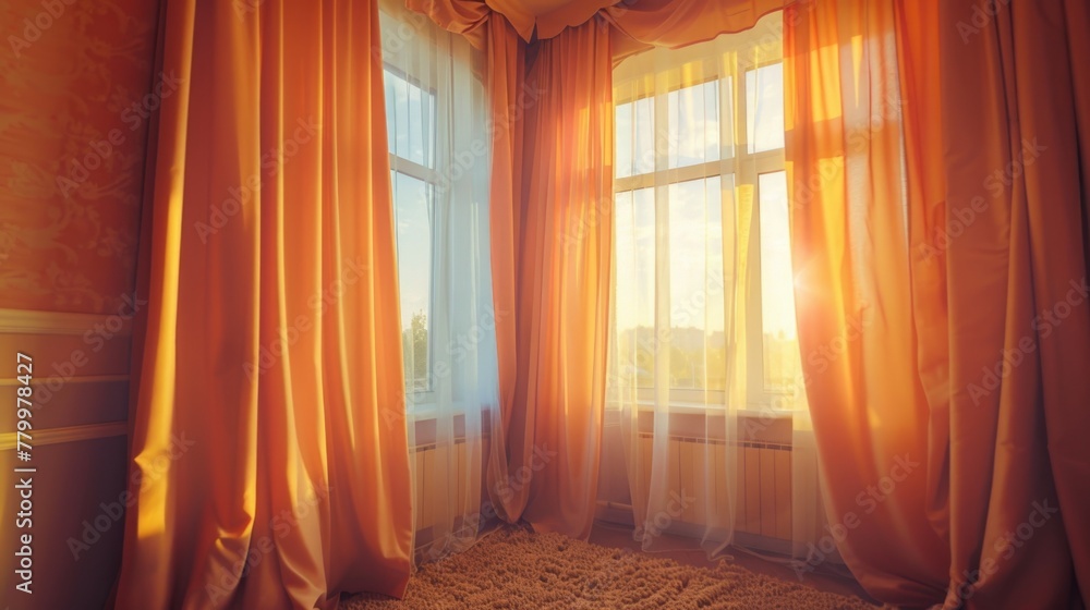 Poster a room with two windows and orange curtains. the room is empty and the curtains are open, letting in