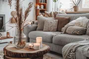 Modern boho interior with candles and crochet pillow cases.