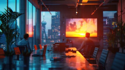 Modern Office Space with Employees Enjoying Sunset View Through Large Windows