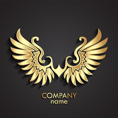 3d gold ornamental wings symbol, shiny metal logo