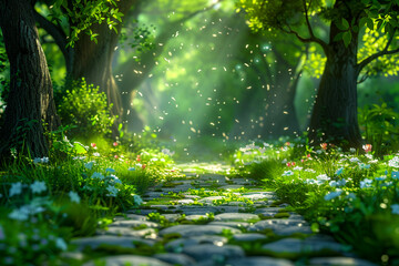 In a cartoon depiction, a cobblestone path embarks on a journey through a forest full of character, each tree and ray of light animated with joy. - obrazy, fototapety, plakaty