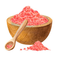 Spoon with salt, pink Himalayan salt in a wooden bowl. Hand drawn watercolor illustration of kitchen utensils with sea salt crystals for spa and relaxation isolated on background. For packaging design