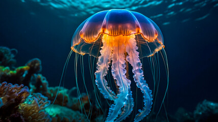 Naklejka premium Glowing jellyfish swim deep in blue sea. Medusa neon jellyfish fantasy in space cosmos among stars. 3d render