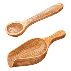 Wooden scoop and spoon for bulk dry products and cosmetics. Hand drawn watercolor illustration of spatula for cereals, powders on isolated background. For printing menus, postcards, banners, flyers.