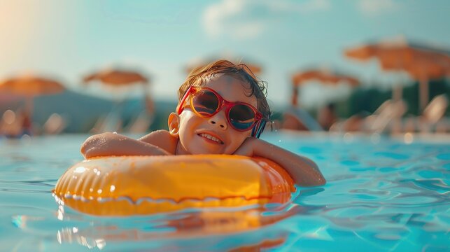 Happy child swimming in a swimming pool hotel pool on summer vacation. AI generated image