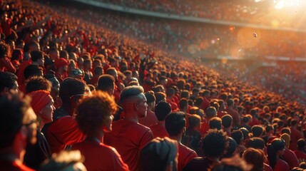Sunlit Sports Audience Cheering in a Stadium at Sunset - obrazy, fototapety, plakaty