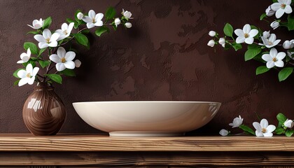 Fototapeta na wymiar Interior wall mock up with flower vase,dark brown wall and wooden shelf.