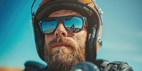 A man with a beard and sunglasses is wearing a helmet. He is looking at the camera. Concept of adventure and excitement, as the man is likely preparing for a motorcycle ride
