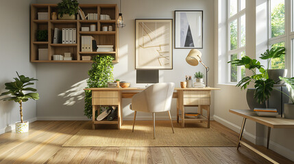 A home office designed for productivity and simplicity, with a streamlined wooden desk, ergonomic chair, and open shelving. The room is illuminated by natural light from a skylight
