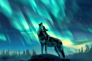 A wolf is standing on a snowy hill and howling into the night sky