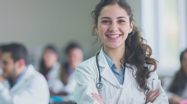 Cheerful Female Doctor or Nurse in Medical Training Class
