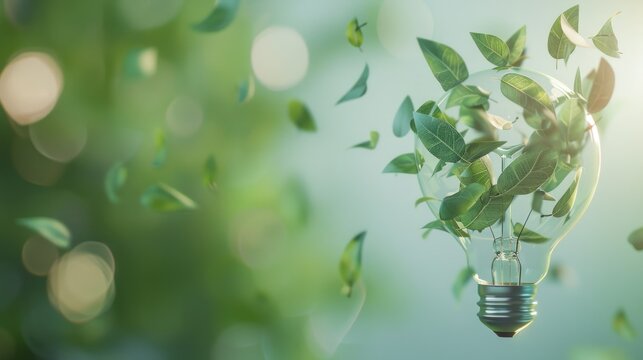 Illustration light bulb with flying green leaves on nature blur background. AI generated image
