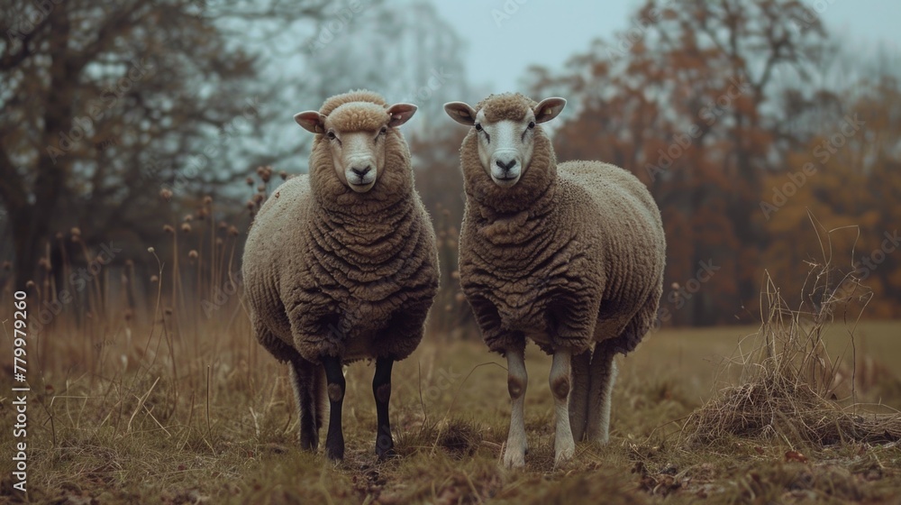 Poster two sheep standing in a field with a cloudy sky in the background