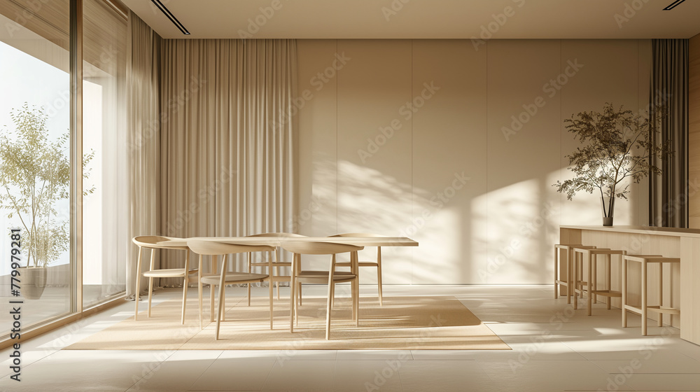 Poster a dining area with a simple, elegant table and matching chairs, all in muted tones. the large window