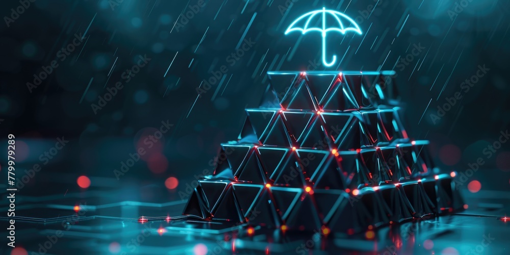 Aufkleber a stack of blocks with a neon umbrella on top. the umbrella is lit up and he is raining. concept of 