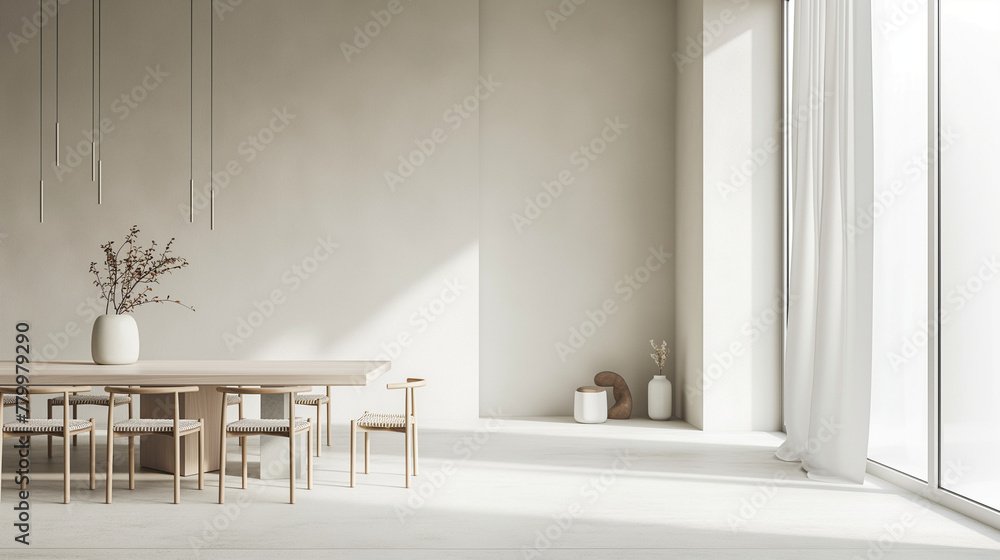 Poster a dining area with a simple, elegant table and matching chairs, all in muted tones. the large window