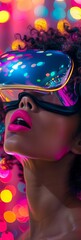 Fototapeta premium Young African-American Woman Experiencing Virtual Reality in Vibrant Neon Setting