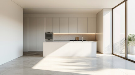 A minimalist kitchen with flat-panel cabinets, integrated appliances, and a sleek island. The absence of hardware and the use of light-reflecting materials create a serene cooking