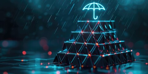 A stack of blocks with a neon umbrella on top. The umbrella is lit up and he is raining. Concept of protection and safety, as if the umbrella is shielding the blocks from the rain