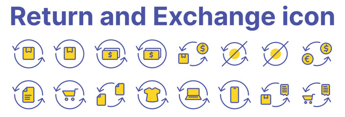 This set of linear icons presents various aspects of finance and the exchange of goods or currency. A round arrow indicates an exchange or return.