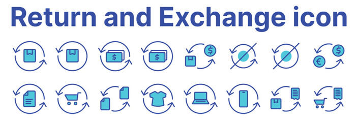 This set of linear icons presents various aspects of finance and the exchange of goods or currency. A round arrow indicates an exchange or return.