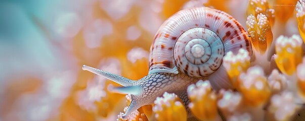 A close-up of a snail on a vibrant, colorful surface, showcasing organic patterns and textures. - obrazy, fototapety, plakaty