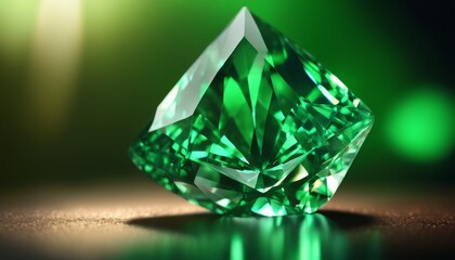 A macro shot of a radiant emerald gemstone, highlighting its facets and rich green color, with a soft glowing background.