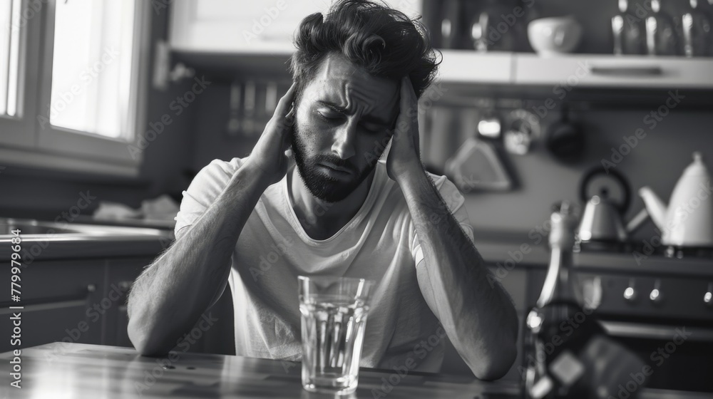 Aufkleber a man is sitting at a table with a glass of water in front of him. he is looking down and he is in a