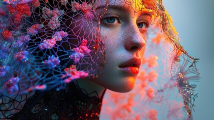 A young woman with freckles wearing an intricate lace veil and vibrant flowers, surrounded by glowing digital patterns in the style of colorful neon lights in a soft focus background - obrazy, fototapety, plakaty