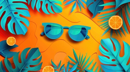 A tropical scene with a pair of sunglasses and an orange on a table