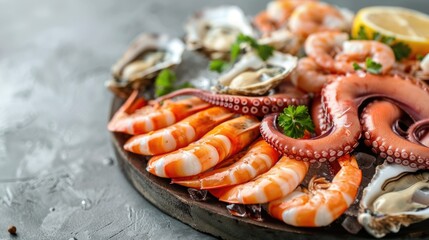 A plate of seafood including shrimp, oysters, and octopus. The plate is on a wooden surface and is garnished with parsley