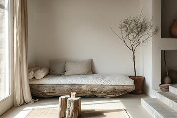 A serene bedroom with a rustic wooden bed, natural light, and a dried tree branch.
