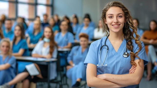 Cheerful Female Doctor or Nurse in Medical Training Class