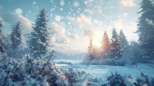 A snowy landscape with snowflakes and trees frozen in time, showcasing the beauty of winter in a time-slice image,