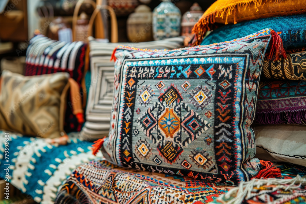 Aufkleber a row of colorful pillows are displayed on a bench