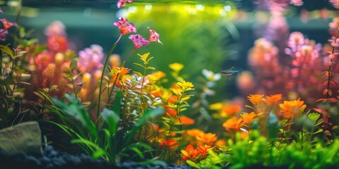 Obraz na płótnie Canvas A colorful aquarium with a variety of plants and a fish swimming in it. The plants are of different colors and sizes, creating a vibrant and lively scene. The fish adds a sense of movement