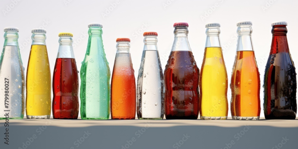 Poster a row of glass bottles of soda, including pepsi, coke, and sprite. the bottles are lined up on a tab