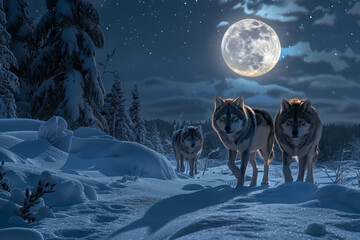 Naklejka premium Three wolves are walking in the snow, with a full moon in the background